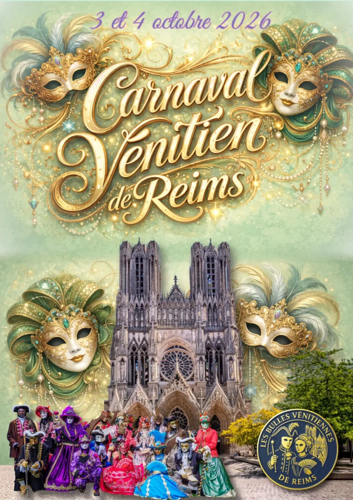 Affiche du Carnaval Vénitien de Reims les 3 et 4 octobre 2026, avec masques vénitiens, costumes et la cathédrale de Reims.